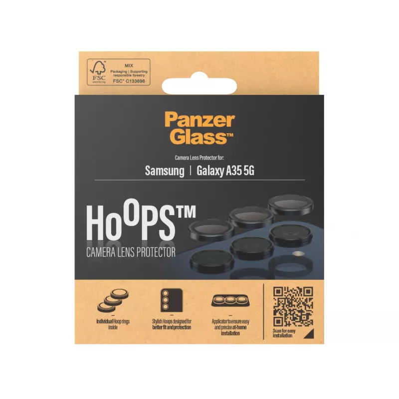 Apsauginis objektyvo stiklas PanzerGlass Hoops, Samsung Galaxy A35 5G, grūdintas stiklas, juodas rėmelis