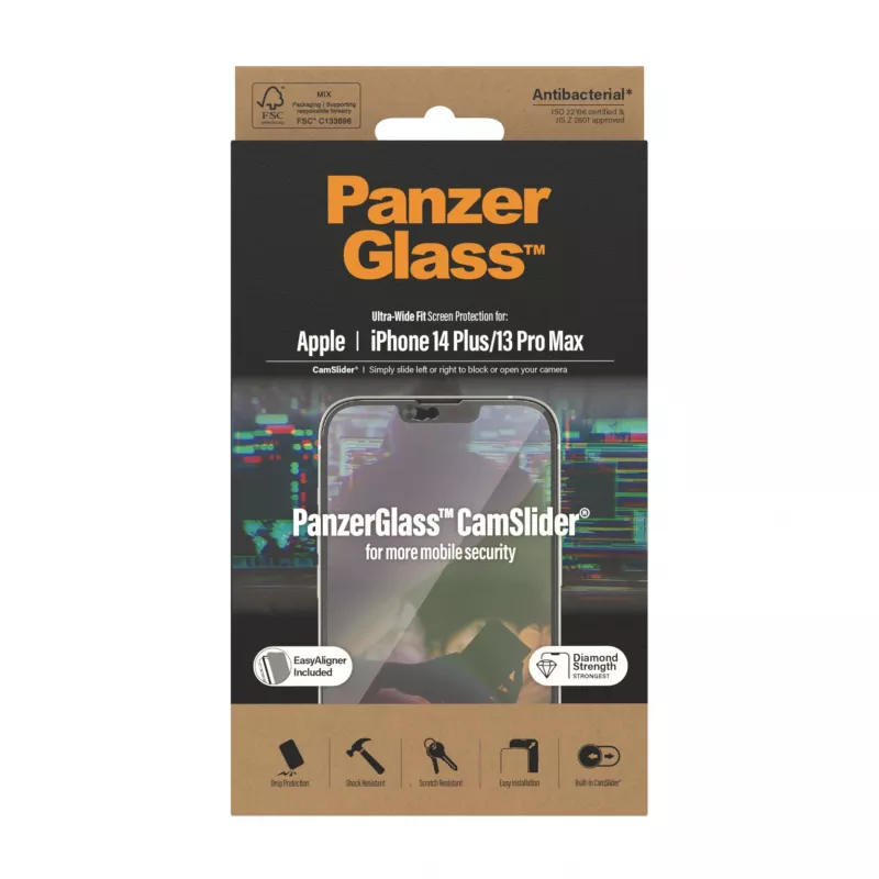 Skaidrus ekrano apsauginis stiklas PanzerGlass CamSlider, skirtas Apple iPhone 14 Plus / 13 Pro Max, 6,68 colio, grūdintas stiklas, PET, antibakterinis
