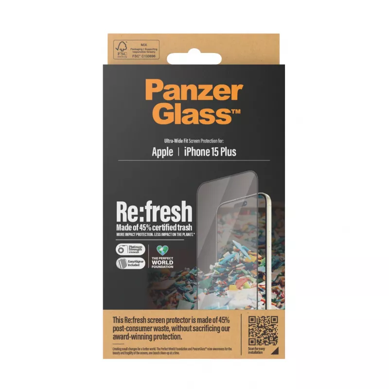 PanzerGlass ® Re:fresh Ekrano apsauga iPhone 15 Plus | Ultra-Wide Fit su EasyAligner