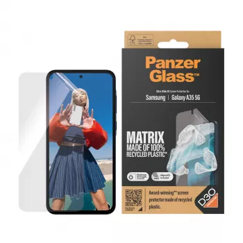 PanzerGlass MATRIX su D3O apsauginis stiklas Samsung Galaxy A35 5G — itin platus PET, sausas montavimas, 1 vnt., skaidrus