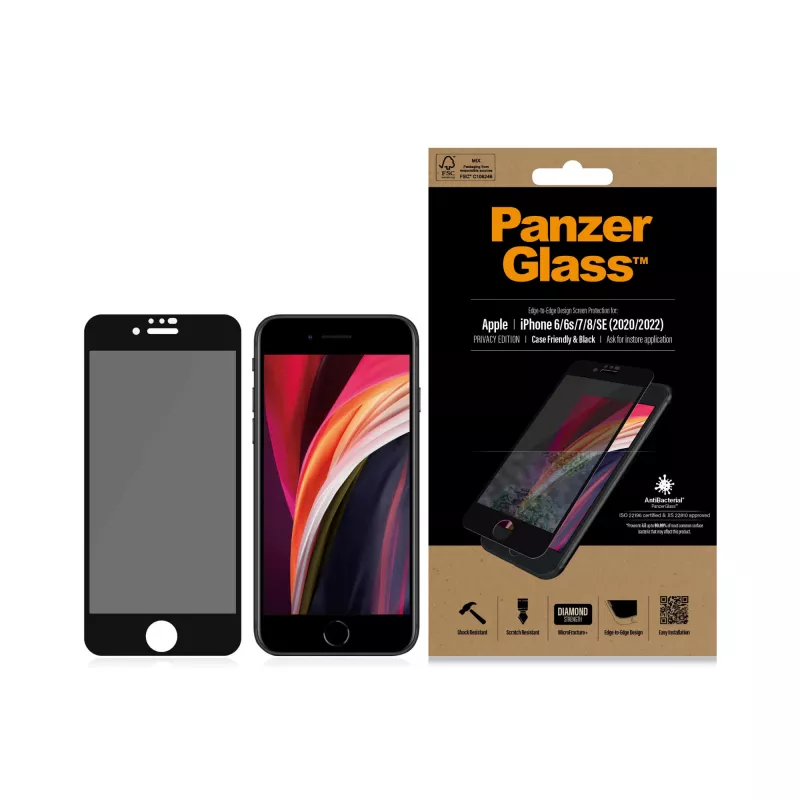 PanzerGlass ® privatumo apsauginis stiklas iPhone SE (2020/2022) | 8 | 7 | 6 | 6s | nuo krašto iki krašto