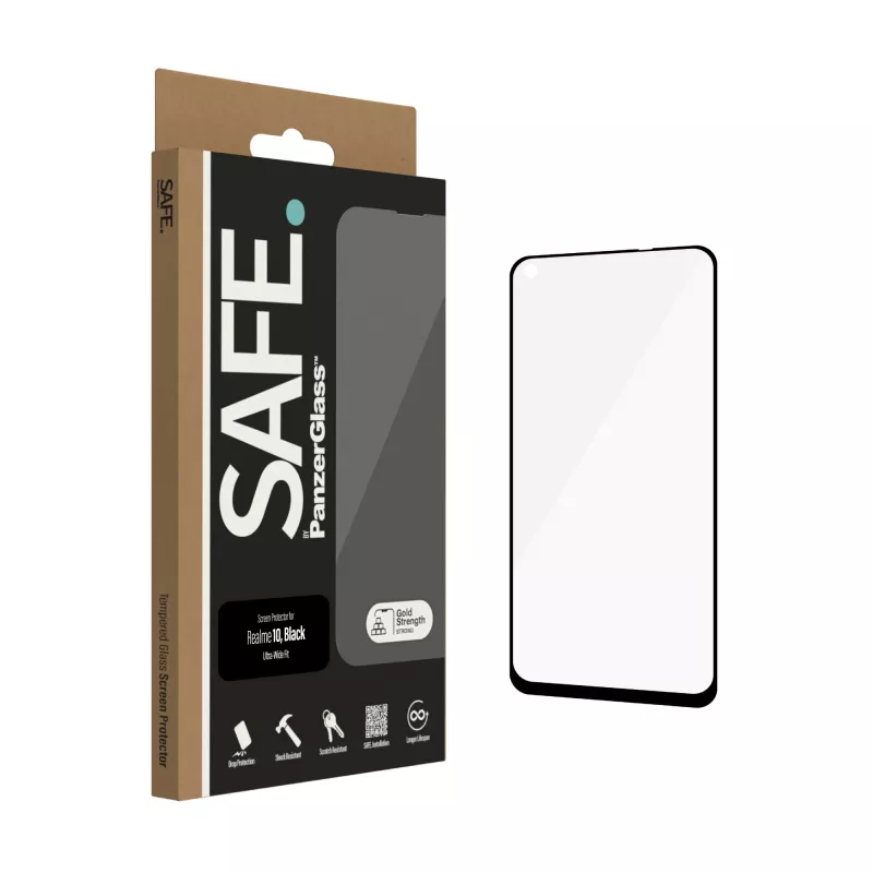 Grūdinto stiklo apsauginis stikliukas PanzerGlass SAFE, skirtas Realme 10 – itin platus dengimas, juodas