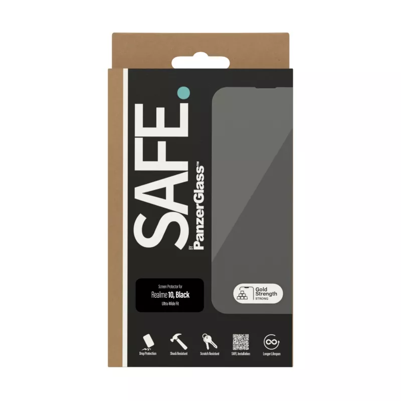 Grūdinto stiklo apsauginis stikliukas PanzerGlass SAFE, skirtas Realme 10 – itin platus dengimas, juodas