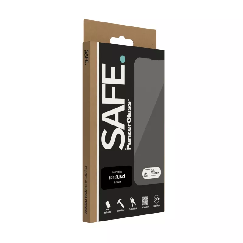 Grūdinto stiklo apsauginis stikliukas PanzerGlass SAFE, skirtas Realme 10 – itin platus dengimas, juodas