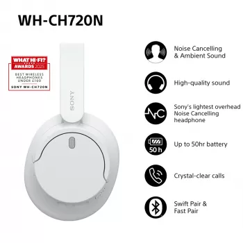 Sony WH-CH720 ausinės su laidu ir belaidžiu ryšiu, skambučiams ir muzikai, USB Type-C, Bluetooth, balta