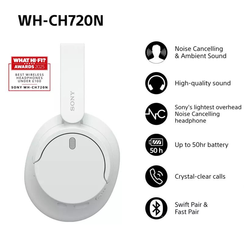 Sony WH-CH720 ausinės su laidu ir belaidžiu ryšiu, skambučiams ir muzikai, USB Type-C, Bluetooth, balta