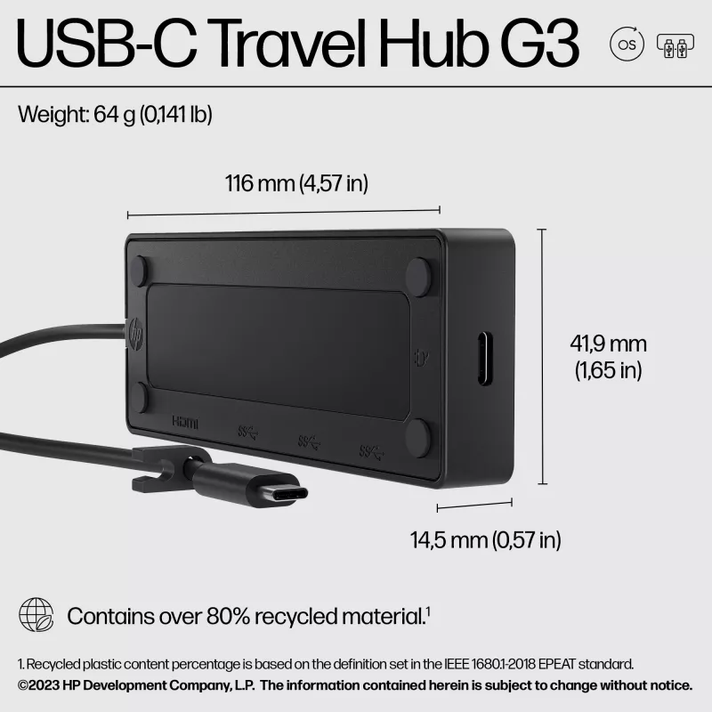 HP USB-C Travel Hub G3 – USB 3.2 Gen 2, HDMI, USB-A, PD 65W, 116×41.9×14.5 mm