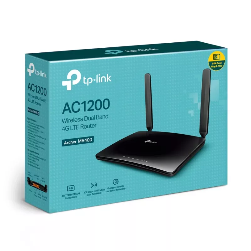 TP-Link Archer MR400 belaidis 4G LTE maršrutizatorius, AC1200, dviejų juostų, juodas