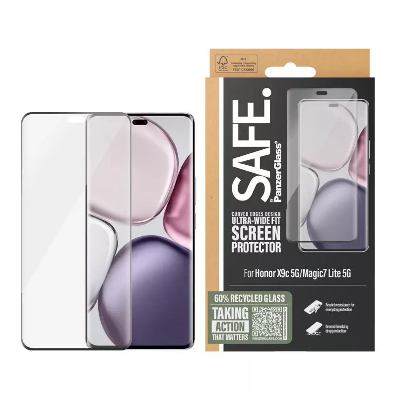 PanzerGlass SAFE. apsauginis stiklas su juodu rėmeliu, Honor X9c 5G | Magic7 Lite 5G, itin platus