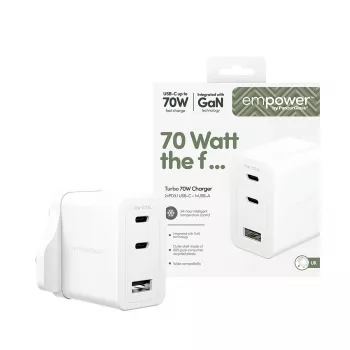 PanzerGlass empower™ by ® Turbo 70W kelių įrenginių įkroviklis su 2 x USB-C + USB-A | UK kištukas | sidabriškai baltas