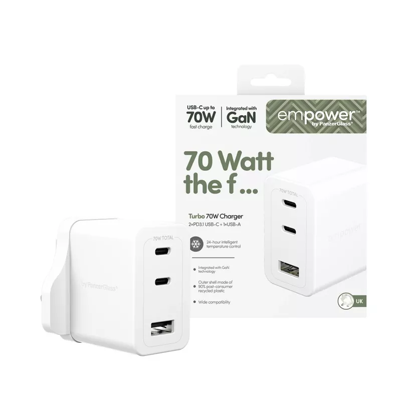 PanzerGlass empower™ by ® Turbo 70W kelių įrenginių įkroviklis su 2 x USB-C + USB-A | UK kištukas | sidabriškai baltas