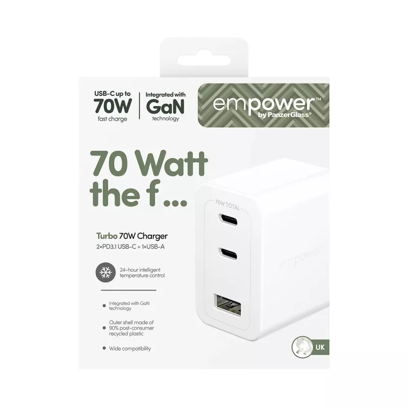 PanzerGlass empower™ by ® Turbo 70W kelių įrenginių įkroviklis su 2 x USB-C + USB-A | UK kištukas | sidabriškai baltas