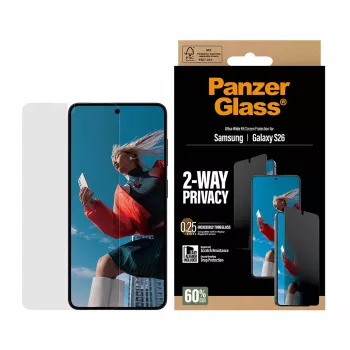 PanzerGlass 2 krypčių privatumo apsauginis stiklas, skirtas Samsung Galaxy S26 — itin platus, PET + silikonas, atsparus įbrėžimams ir smūgiams