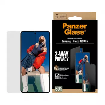 Apsauginis stiklas PanzerGlass 2-Way Privacy, skirtas Samsung Galaxy S26 Ultra — PET privatumo filtras, EasyAligner, 1 vnt.