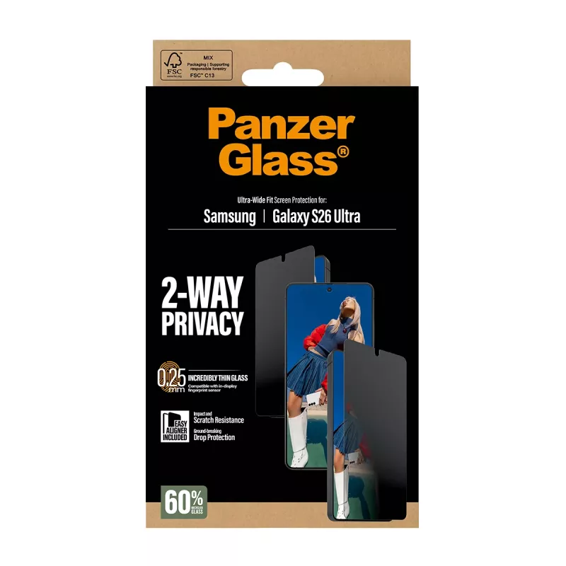 Apsauginis stiklas PanzerGlass 2-Way Privacy, skirtas Samsung Galaxy S26 Ultra — PET privatumo filtras, EasyAligner, 1 vnt.