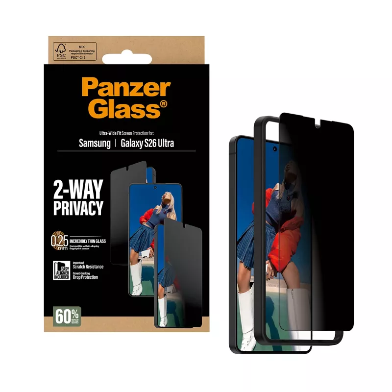 Apsauginis stiklas PanzerGlass 2-Way Privacy, skirtas Samsung Galaxy S26 Ultra — PET privatumo filtras, EasyAligner, 1 vnt.