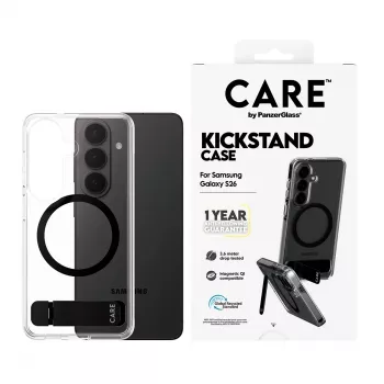 Apsauginis dėklas PanzerGlass CARE™ Urban Explorer Case, Samsung Galaxy S26, permatomas su juodu stoveliu, Qi