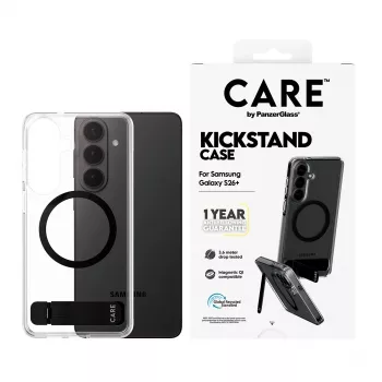 PanzerGlass CARE™ by ® Dėklas permatomas su juodu atlenkiamu stoveliu ir Qi Samsung Galaxy S26+