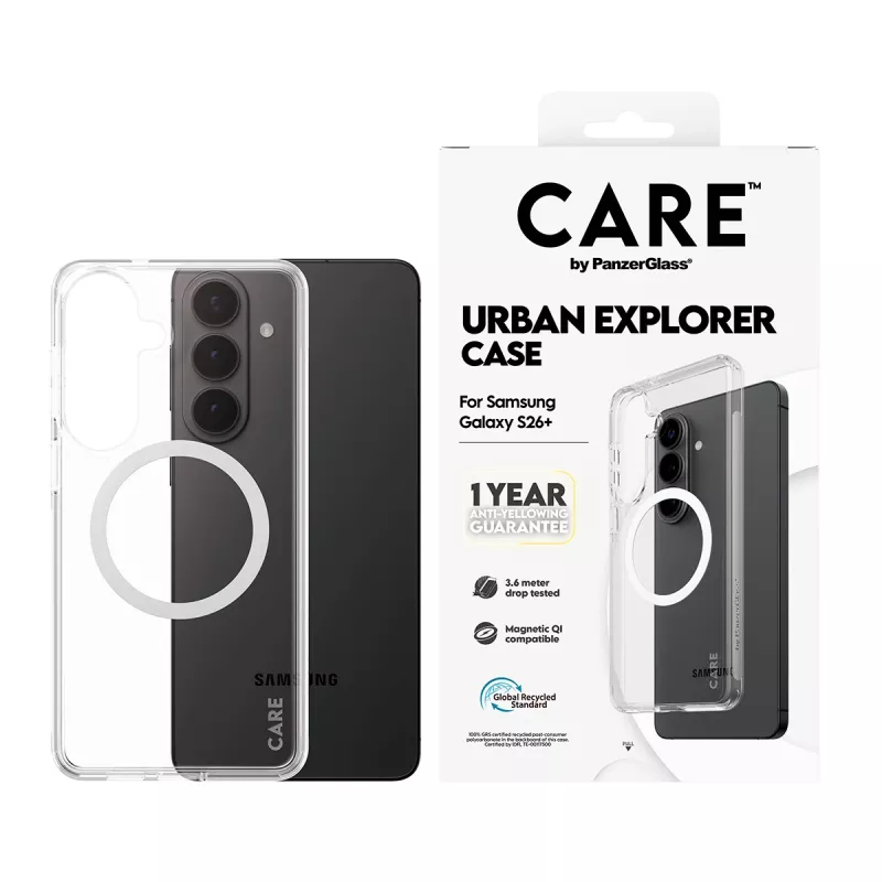 Apsauginis dėklas PanzerGlass CARE Urban Explorer Case Samsung Galaxy S26+ — permatomas, baltas Qi