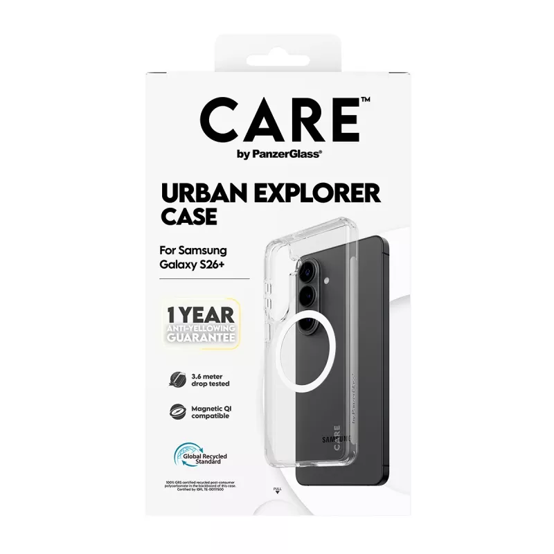 Apsauginis dėklas PanzerGlass CARE Urban Explorer Case Samsung Galaxy S26+ — permatomas, baltas Qi