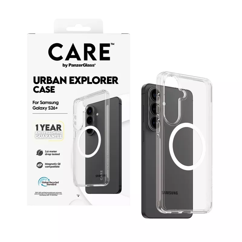 Apsauginis dėklas PanzerGlass CARE Urban Explorer Case Samsung Galaxy S26+ — permatomas, baltas Qi