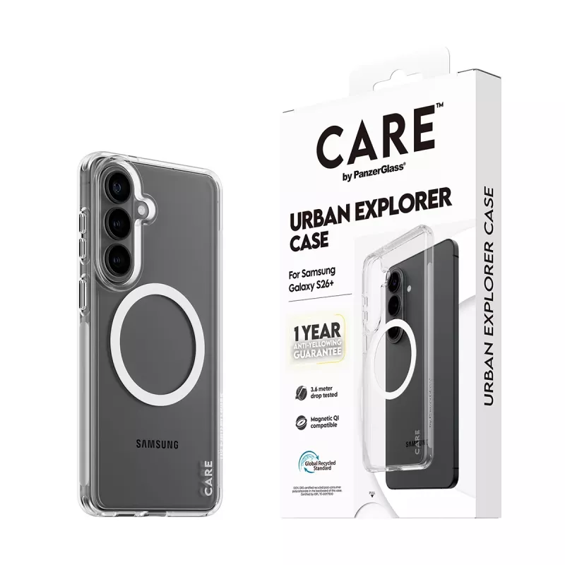 Apsauginis dėklas PanzerGlass CARE Urban Explorer Case Samsung Galaxy S26+ — permatomas, baltas Qi