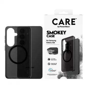 Apsauginis dėklas „PanzerGlass CARE™ Smokey Case“ su „Black Qi“ ryšiu, skirtas „Samsung Galaxy S26“