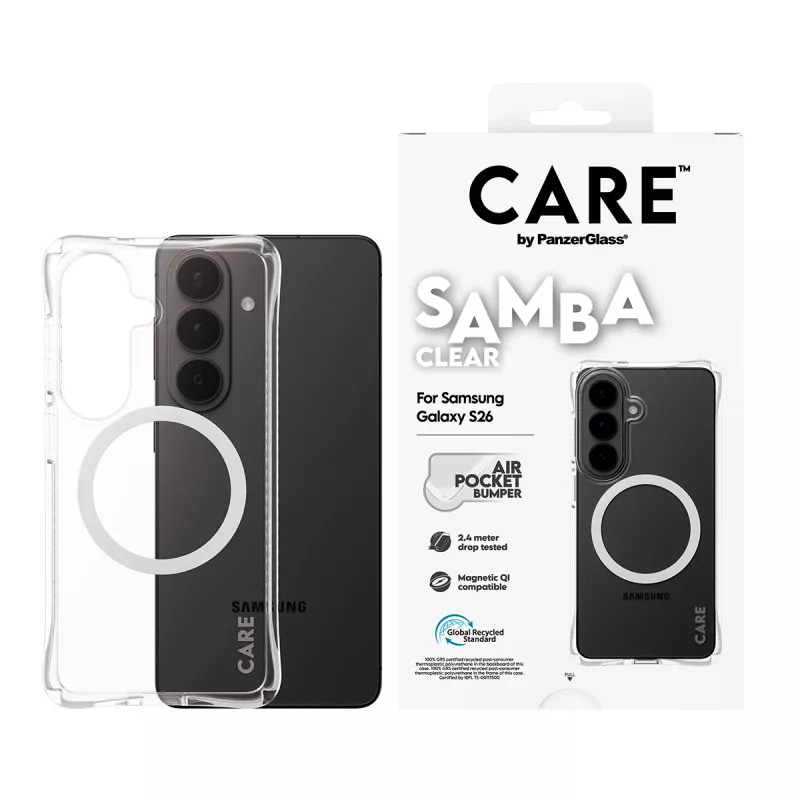 Apsauginis dėklas PanzerGlass CARE Samba permatomas su balta Qi Samsung Galaxy S26