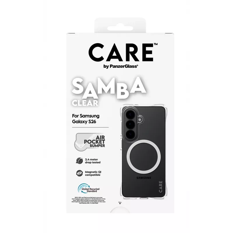 Apsauginis dėklas PanzerGlass CARE Samba permatomas su balta Qi Samsung Galaxy S26
