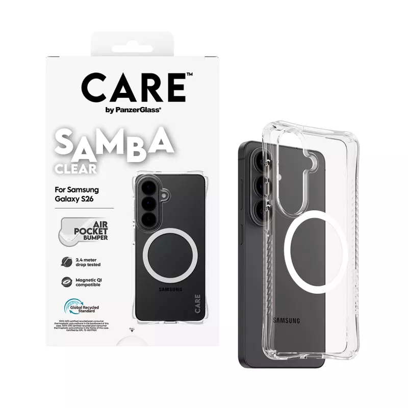 Apsauginis dėklas PanzerGlass CARE Samba permatomas su balta Qi Samsung Galaxy S26