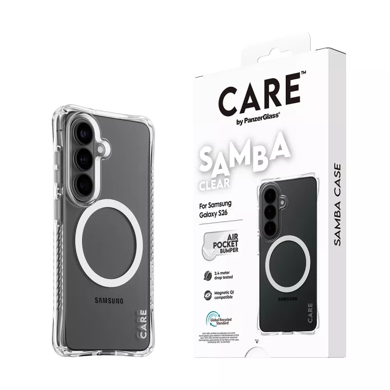Apsauginis dėklas PanzerGlass CARE Samba permatomas su balta Qi Samsung Galaxy S26