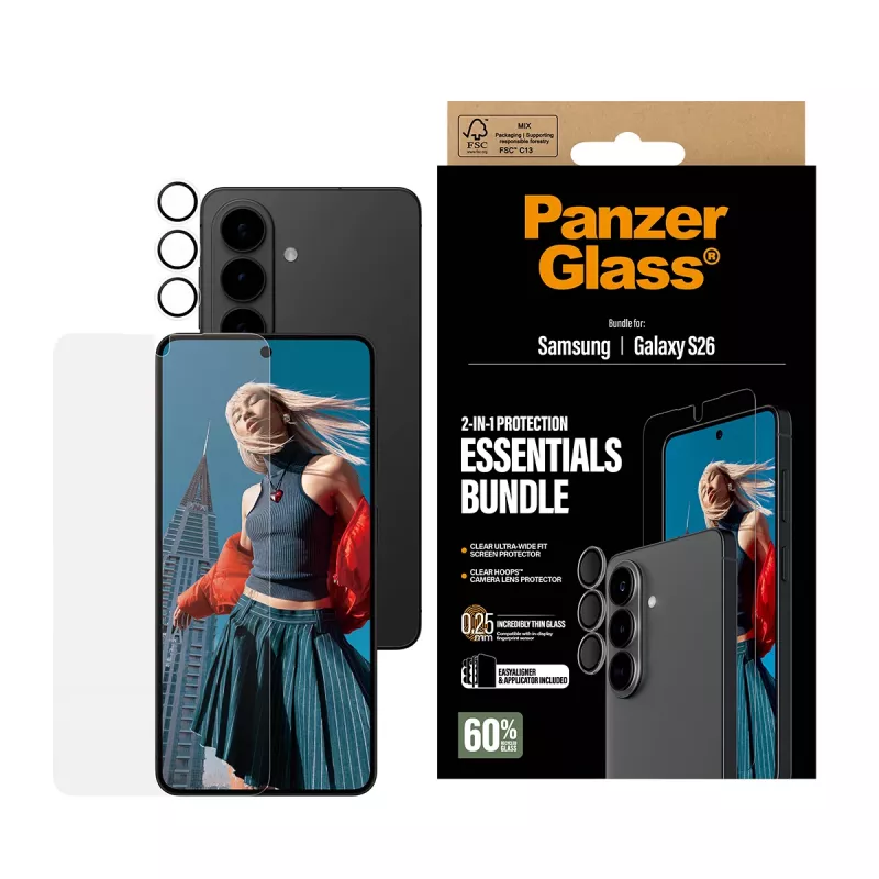 PanzerGlass Hoops 2-in-1 Ultra-Wide Fit apsauginis stiklas Samsung Galaxy S26 – temperuotas stiklas + PET/silikono sluoksniai