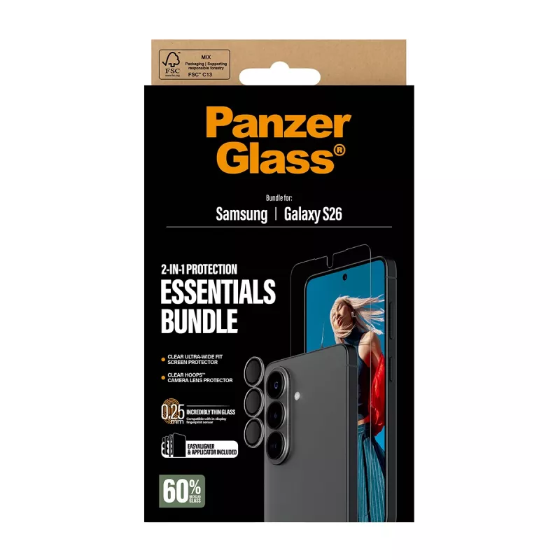 PanzerGlass Hoops 2-in-1 Ultra-Wide Fit apsauginis stiklas Samsung Galaxy S26 – temperuotas stiklas + PET/silikono sluoksniai