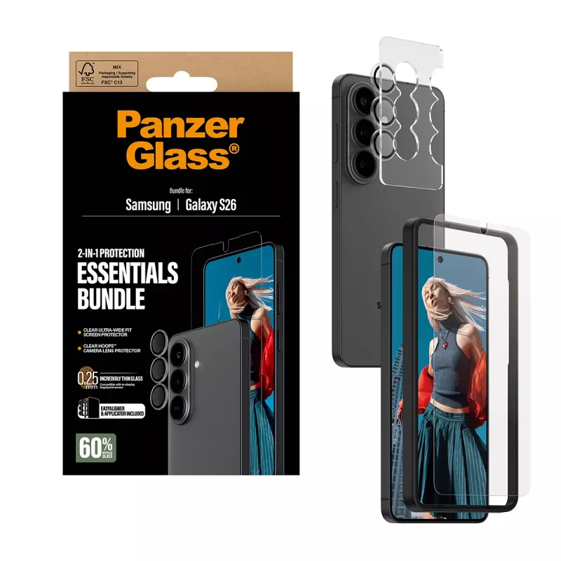 PanzerGlass Hoops 2-in-1 Ultra-Wide Fit apsauginis stiklas Samsung Galaxy S26 – temperuotas stiklas + PET/silikono sluoksniai