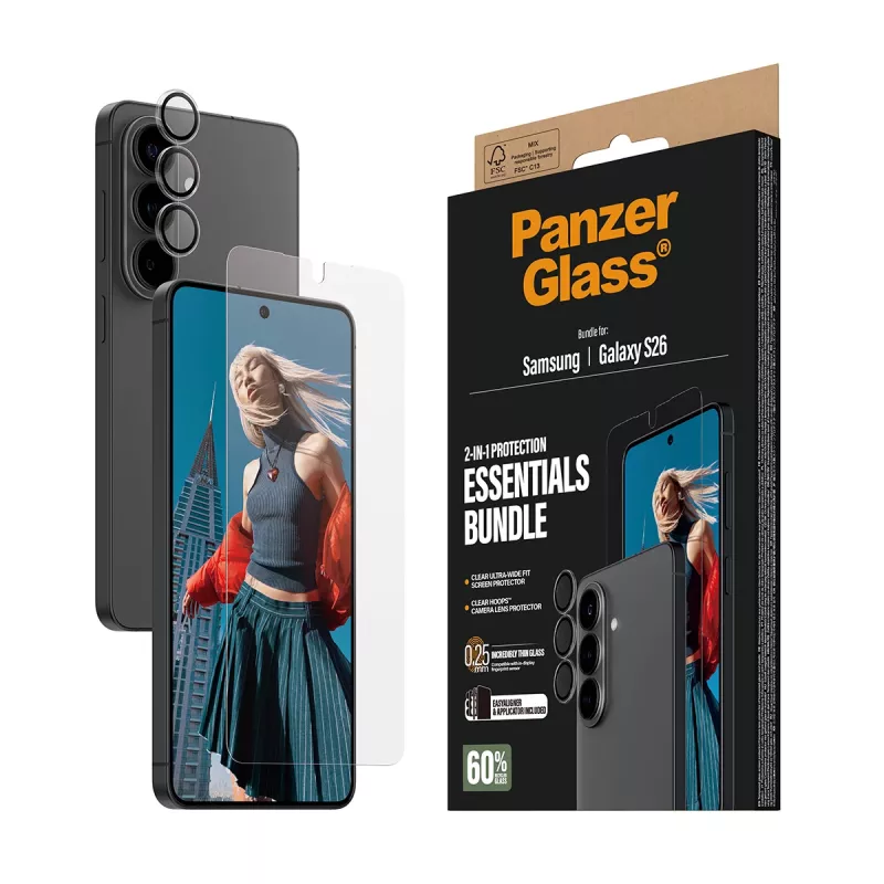 PanzerGlass Hoops 2-in-1 Ultra-Wide Fit apsauginis stiklas Samsung Galaxy S26 – temperuotas stiklas + PET/silikono sluoksniai