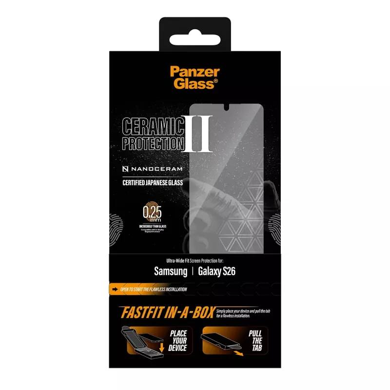 PanzerGlass keraminis apsauginis stiklas Samsung Galaxy S26 — skaidrus, Ultra-Wide Fit, FASTFIT