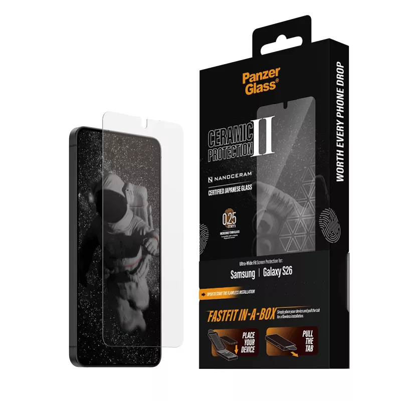 PanzerGlass keraminis apsauginis stiklas Samsung Galaxy S26 — skaidrus, Ultra-Wide Fit, FASTFIT