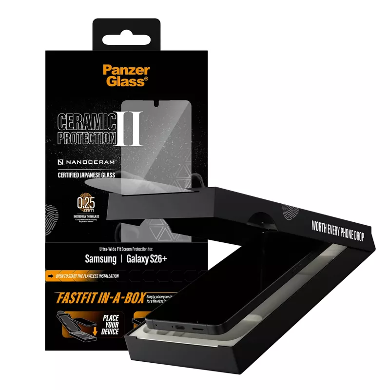 Apsauginis stiklas PanzerGlass Samsung Galaxy S26+ — Keraminis Ultra-Wide Fit, grūdintas stiklas PET, FASTFIT