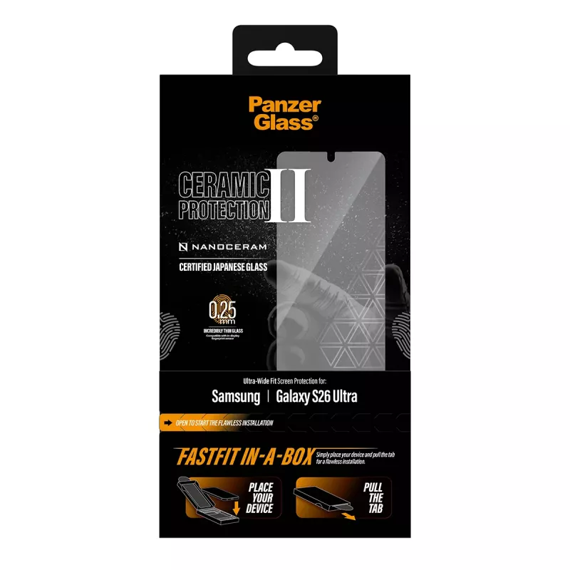 PanzerGlass keraminis stiklas Samsung Galaxy S26 Ultra — keraminis grūdintas stiklas, Ultra-Wide Fit, FASTFIT IN-A-BOX