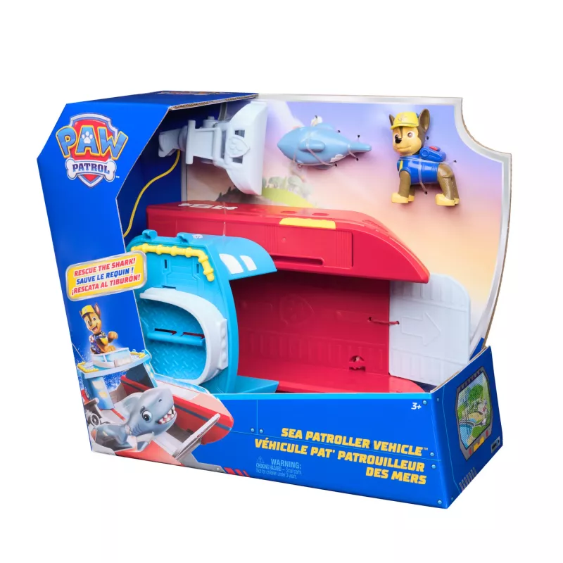 PAW Patrol jūrinis gelbėjimo laivas su Chase ir ryklio figūrėlėmis, 2 režimai, žaislas vaikams nuo 3 metų
