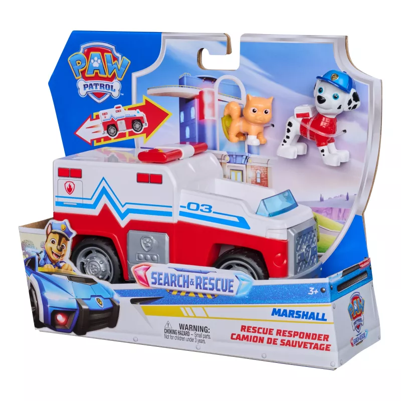 PAW Patrol: Search & Rescue – Gelbėjimo automobilis Marshal su 2 figūrėlėmis, žaislinis sunkvežimis su atatrankos mechanizmu, vaikų žaislai berniukams ir mergaitėms nuo 3 metų