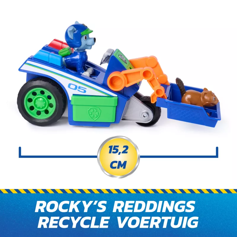 PAW Patrol: Search & Rescue – „Rocky“ perdirbimo automobilis su 2 figūrėlėmis, atgalinio užvedimo žaislinis automobilis, žaislai vaikams nuo 3 metų