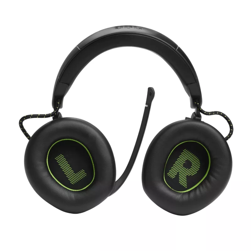 JBL Quantum 910X ausinės su mikrofonu – laidinės ir belaidės, žaidimams, USB Type-C, Bluetooth, juodos ir žalios spalvos