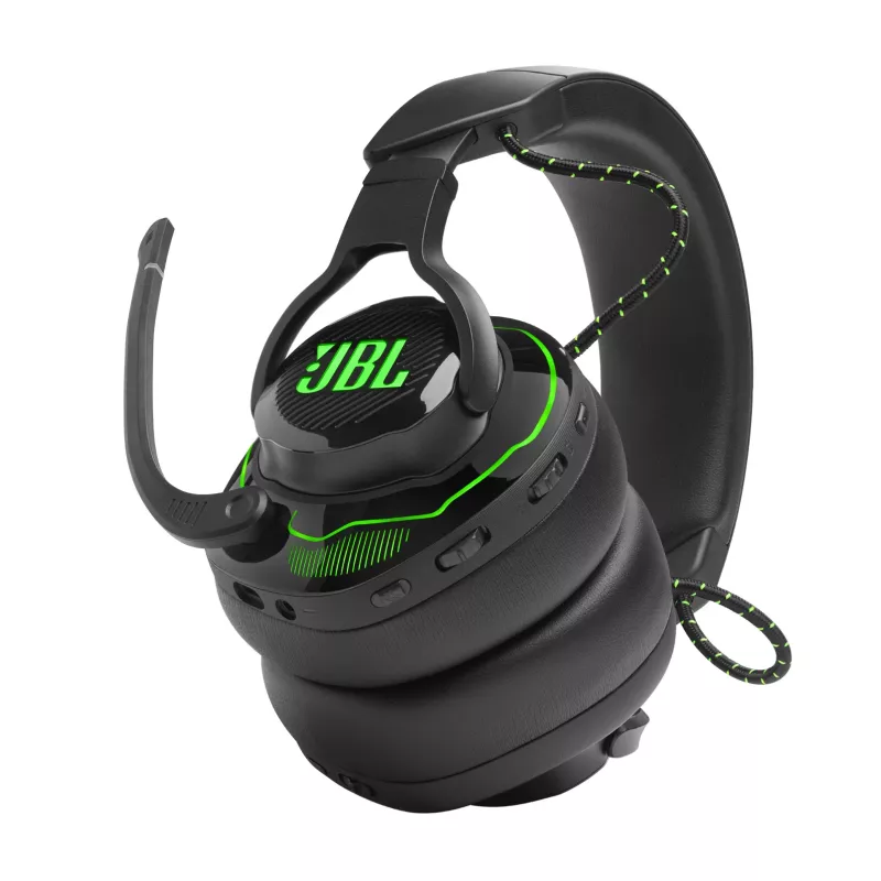 JBL Quantum 910X ausinės su mikrofonu – laidinės ir belaidės, žaidimams, USB Type-C, Bluetooth, juodos ir žalios spalvos