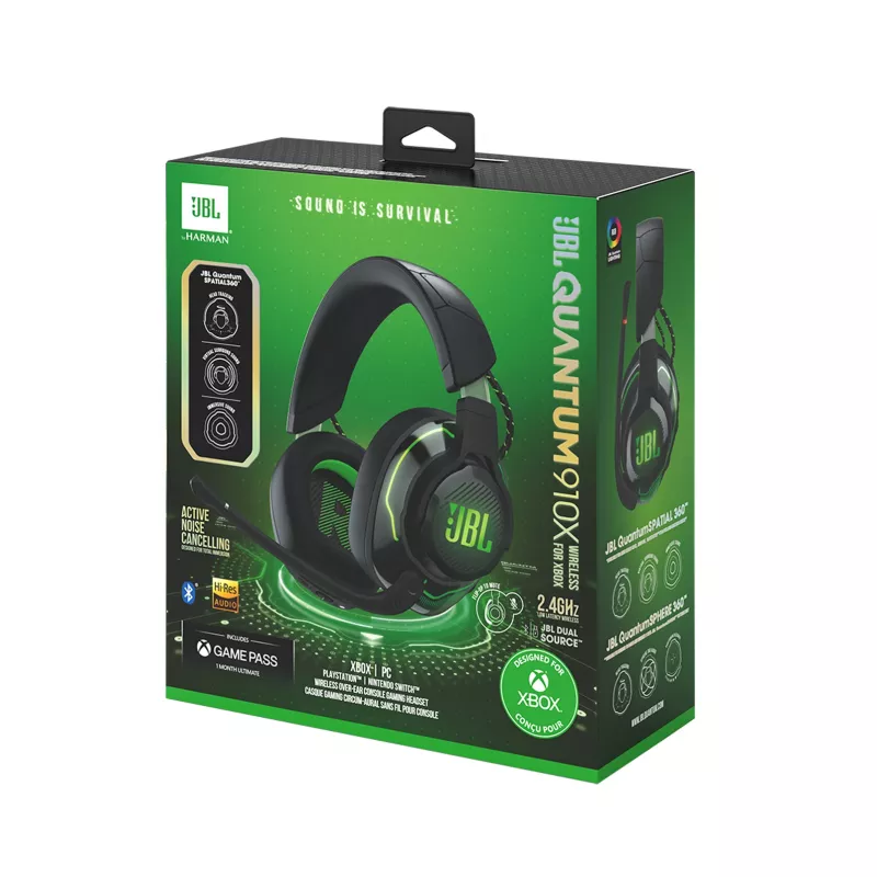 JBL Quantum 910X ausinės su mikrofonu – laidinės ir belaidės, žaidimams, USB Type-C, Bluetooth, juodos ir žalios spalvos