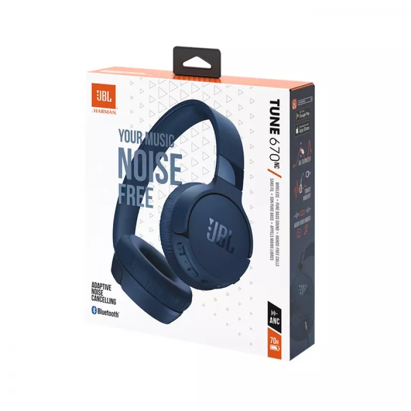 JBL Tune 670 NC ausinės, laidinės ir belaidės, skambučiams/muzikai, USB Type-C, Bluetooth, mėlynos