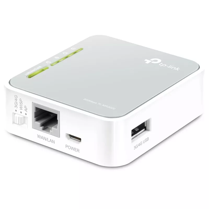 TP-Link TL-MR3020 nešiojamas 3G/4G belaidis N maršrutizatorius, Wi-Fi 4 (802.11n), viena juosta (2,4 GHz), Ethernet LAN, 3G, pilka, balta