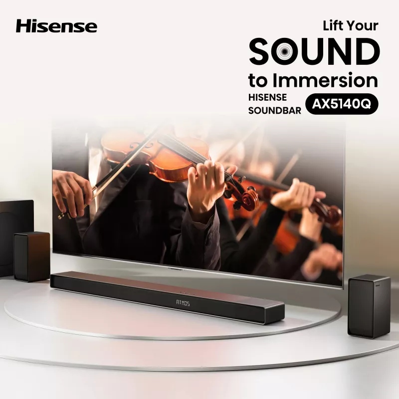 Garso juosta Hisense AX5140Q 5.1.4 Dolby Atmos, 600 W RMS, belaidis žemų dažnių garsiakalbis 280 W, juoda