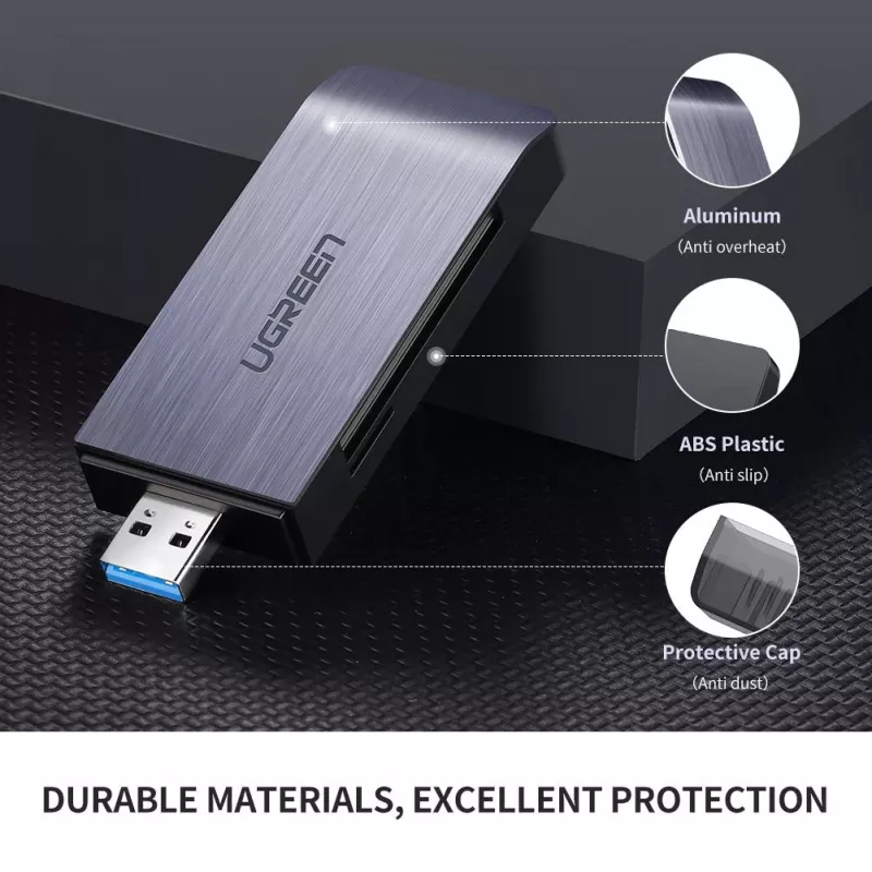 Kortelių skaitytuvas UGREEN 50541 USB 3.2 Gen 1 (3.1 Gen 1) – CF, SD, MicroSD, Memory Stick, plieno spalvos, 5000 Mbit/s