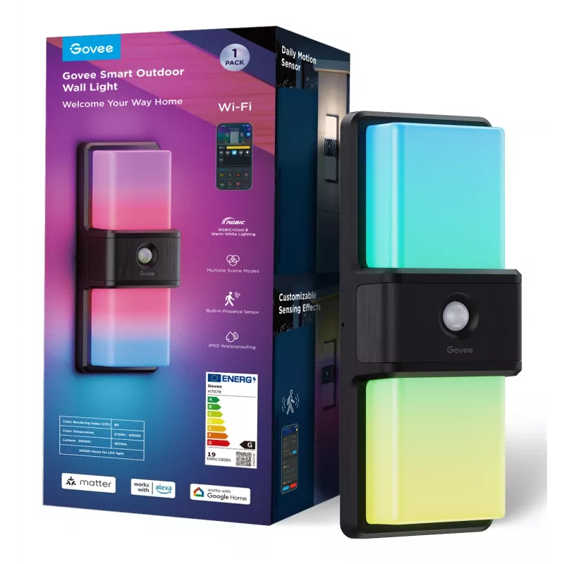 Govee H7078CD1 išmanus lauko sieninis šviestuvas su RGB spalvų keitimu, Wi‑Fi / išmanus valdymas